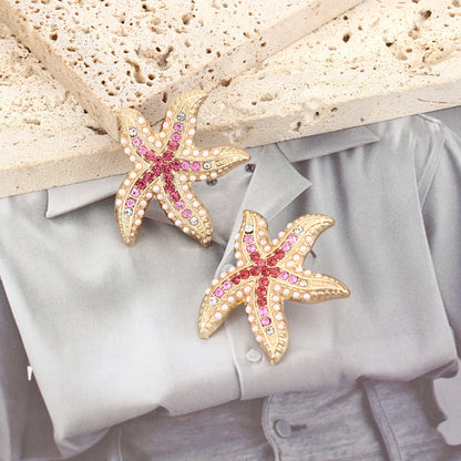 Creative and Adorable Starfish Design Earrings for Women - Eye-Catching Pearl and Sea Star Gemstone Studs with Unique Oversized Style