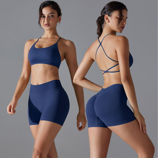 Seamless Cross Back Yoga Set Breathable Quick Dry Fitted Crop Top and Leggings for Running and Fitness Workouts