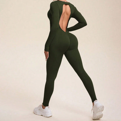 Seamless Sweat Wicking High Stretch Backless Long Sleeve Jumpsuit for Yoga Gym Workouts and Active Lifestyle