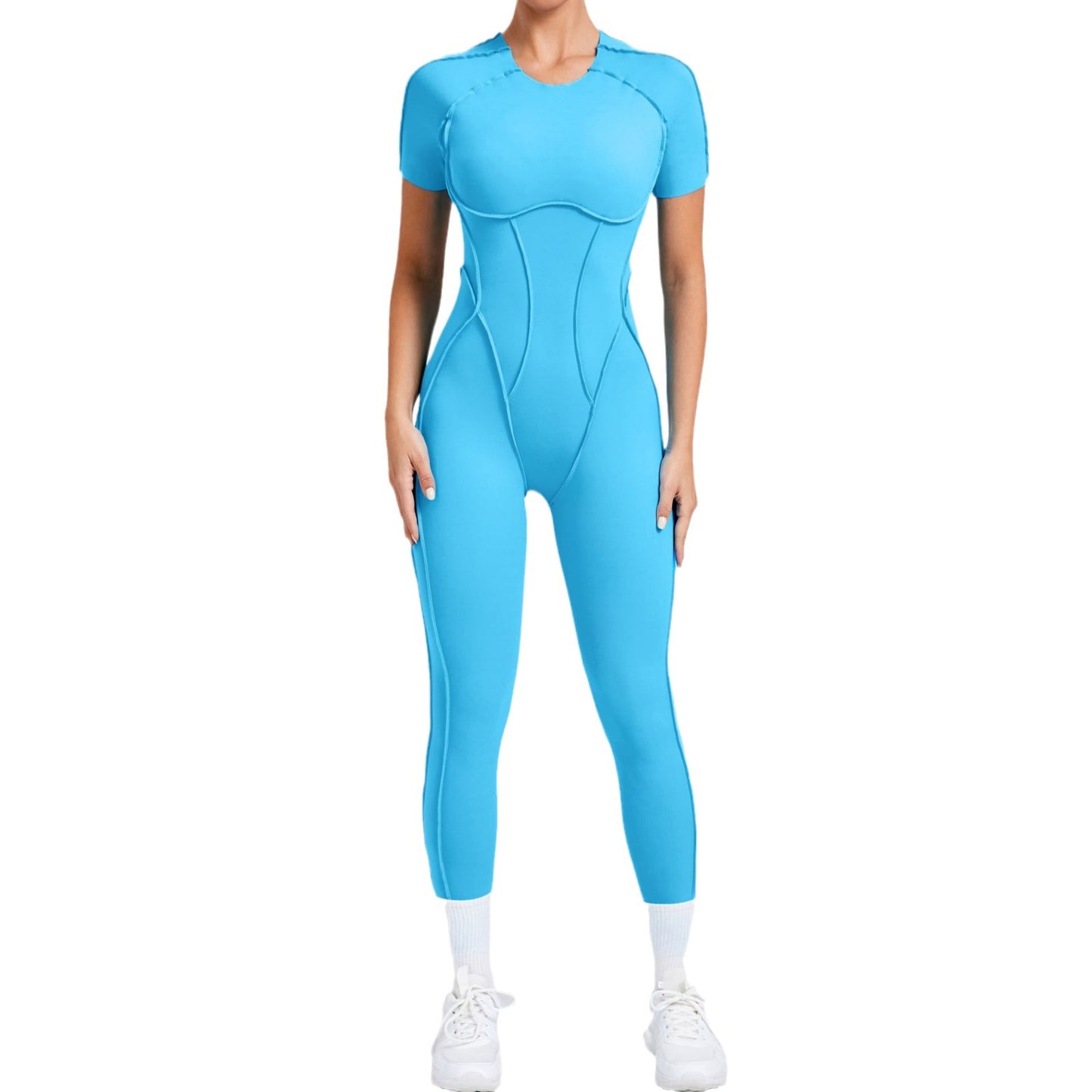 Autumn Winter 3D Backless Fitted Short Sleeve Jumpsuit with Long Pants All in One Yoga and Workout Ensemble for Maximum Comfort and Performance