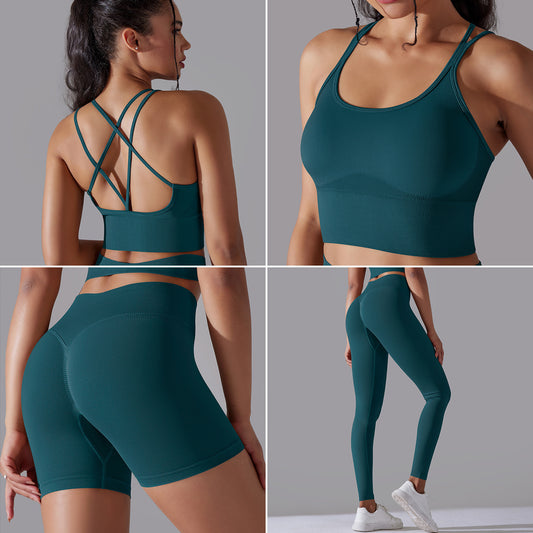 Seamless Solid Color Cross Back Sports Bra and Tank Top Set 3 Piece Yoga and Running Outfit for Comfort and Flexibility