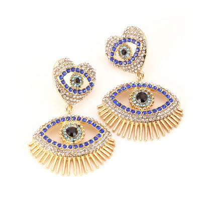 Vintage Double Layer Alloy Geometric Eye Tassel Earrings with Sparkling Gemstone Accents – Chic Statement Jewelry for Every Occasion