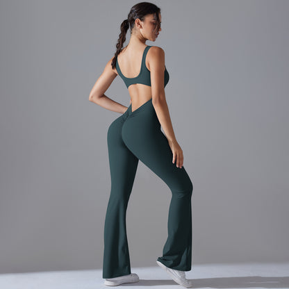 Beautiful Hollow Back Bodysuit for Women Peach Cutting High Waisted Sports Jumpsuit with Flared Pants and Butt Lifting Design for Yoga Gym and Activewear