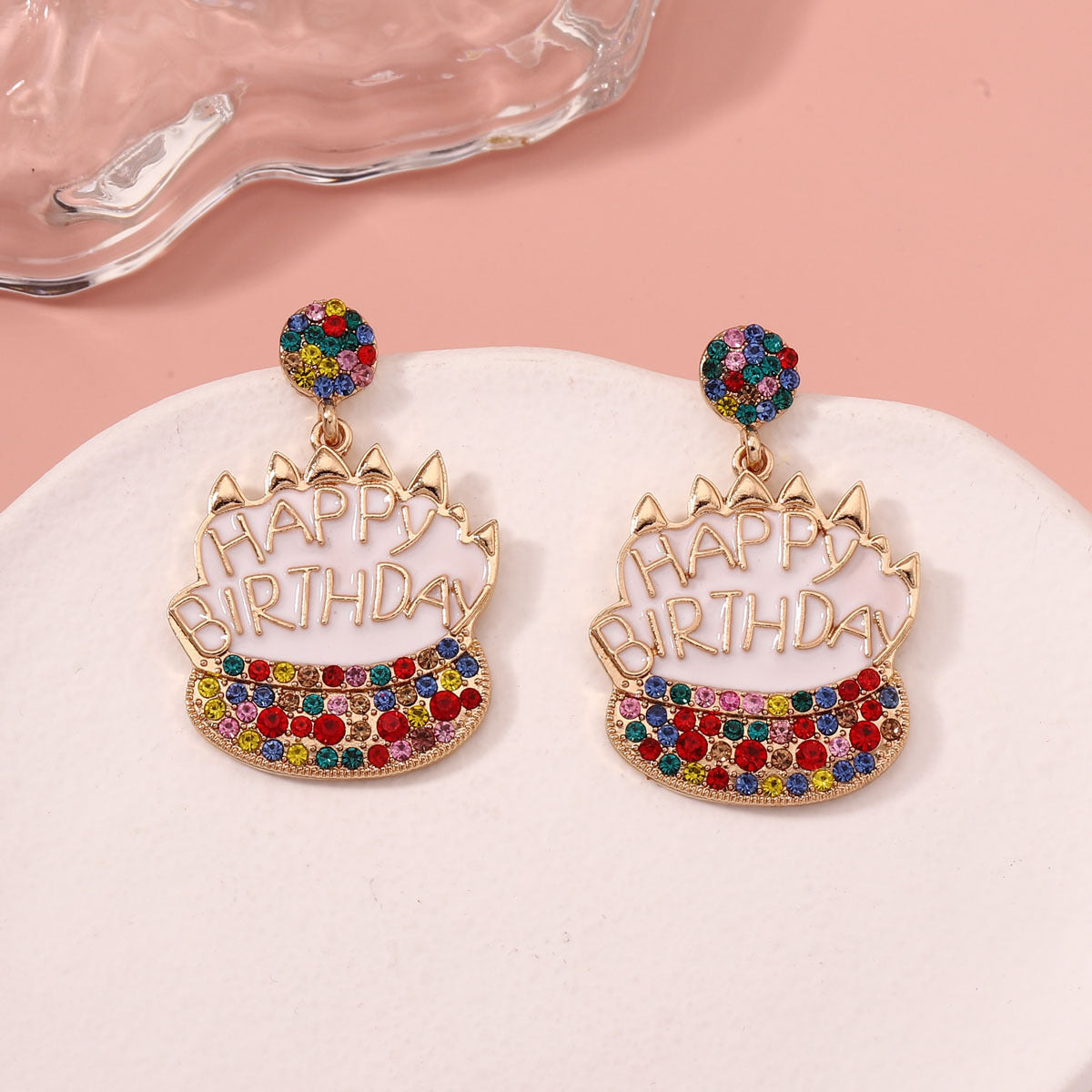 Stylish  Diamond-Embedded Luxury Birthday Cake Earrings – Charming, Casual, and Unique Studs for a Trendy Look