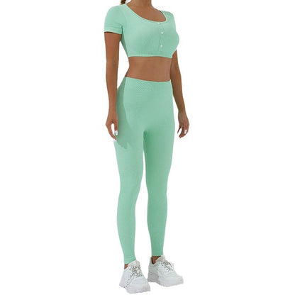 Seamless Round Neck Yoga Top and High Elastic Low Waist Shaping Leggings Set for Comfort and Performance