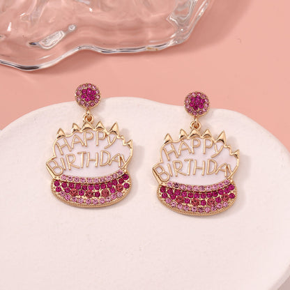 Stylish  Diamond-Embedded Luxury Birthday Cake Earrings – Charming, Casual, and Unique Studs for a Trendy Look