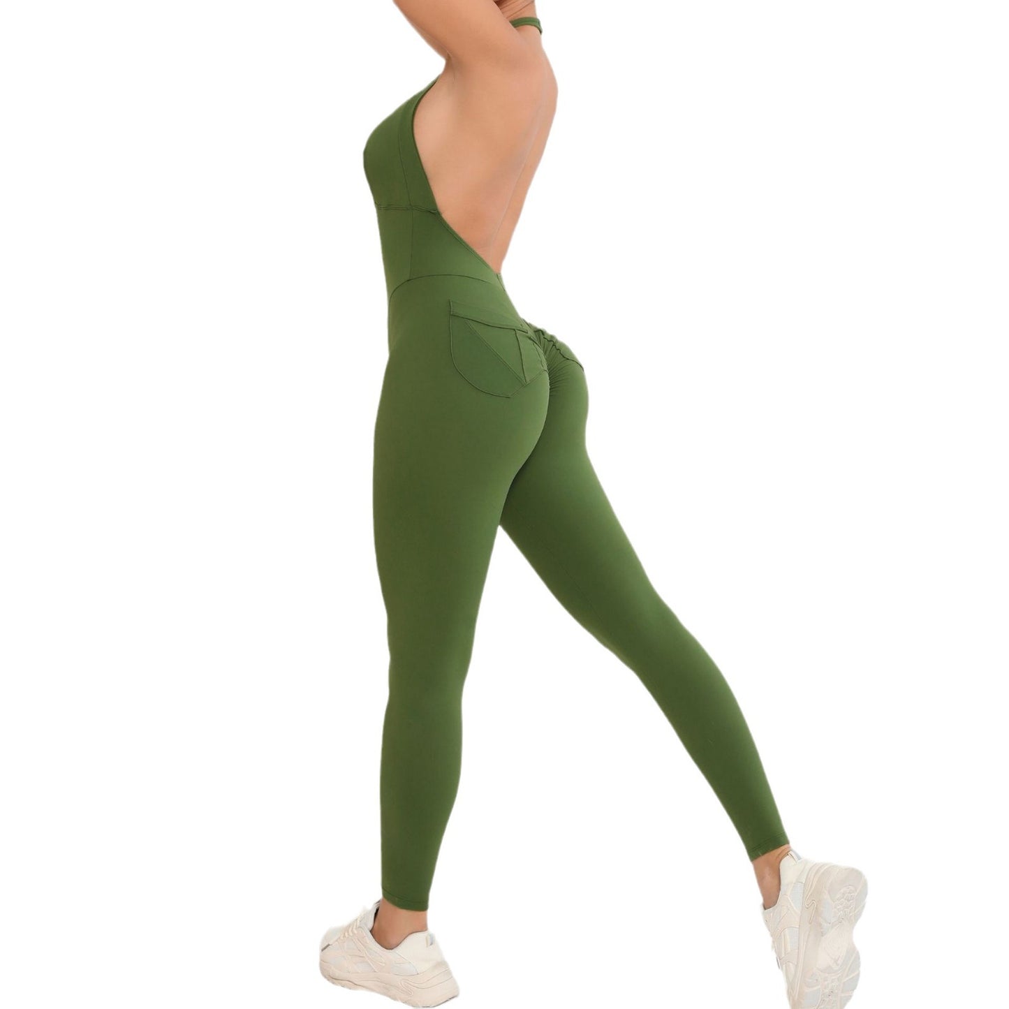 Backless Yoga Jumpsuit with Adjustable Neck Strap Flattering Ruched Design Pocket Convenience and Peach Lift Technology for Comfort During Workouts