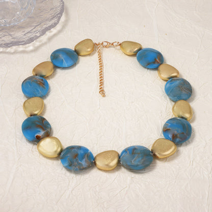 Vintage-Inspired Bohemian Style Statement Necklace and Earrings Set with Bold Geometric Blue Beaded Design - Unique and Eye-Catching Jewelry for Women