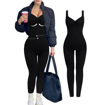 V Neck Open Back Ribbed Jumpsuit for Women Adjustable Double Shoulder Straps Seamless Butt Lifting Yoga Bodysuit for Comfort and Support