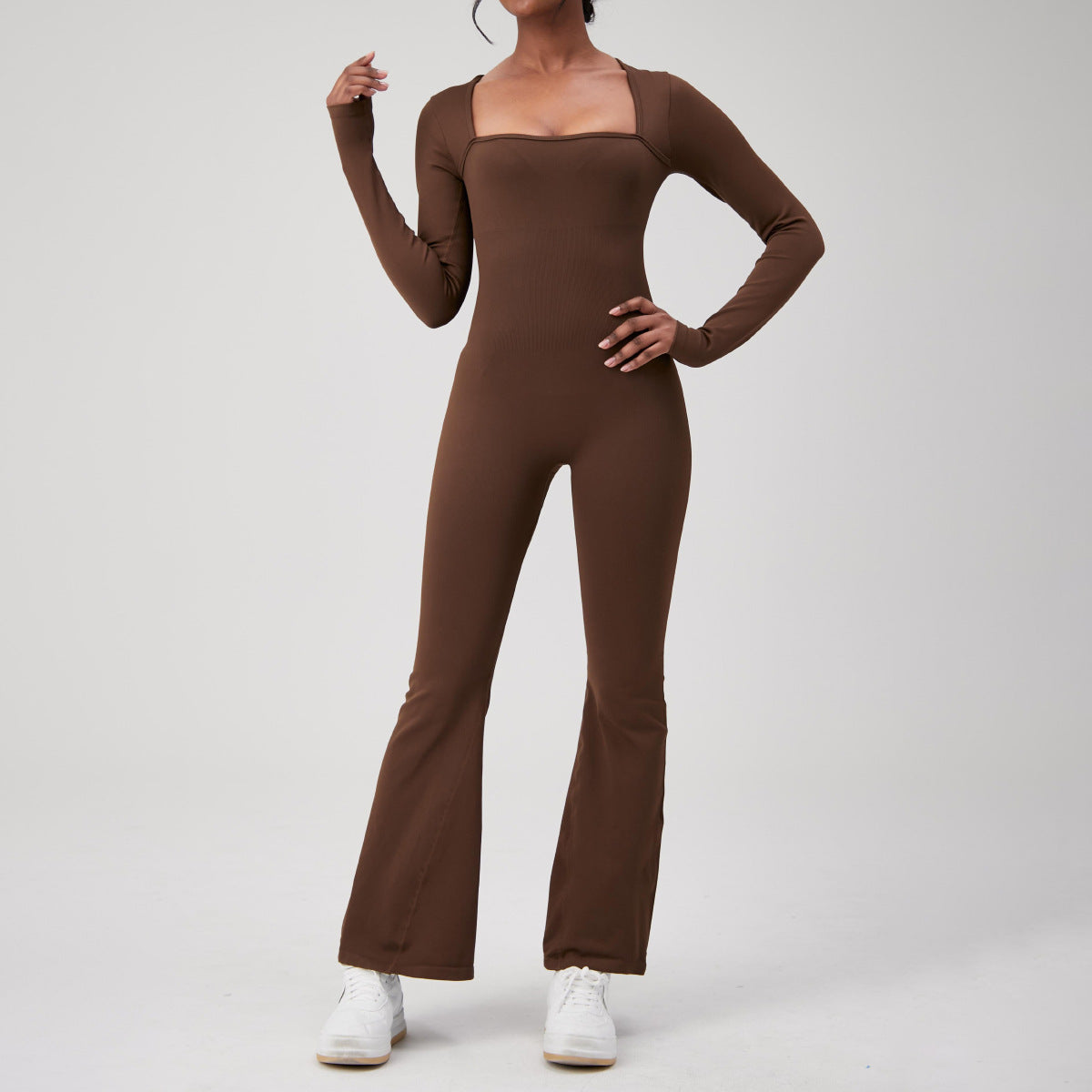 Seamless Long Sleeve Bodysuit with Square Neck Flattering Fit for Yoga Fitness and Activewear