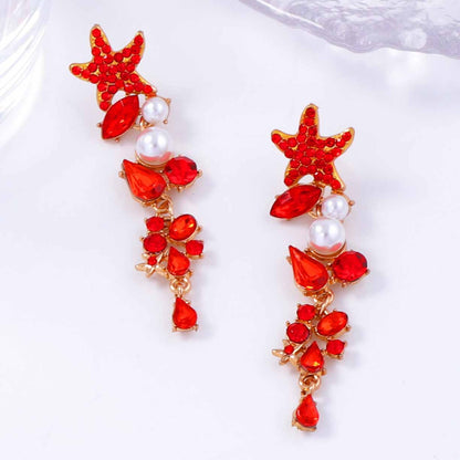 Exaggerated Starfish Long Earrings with Alloy Links, Colorful Gemstones, and Elegant Pearl Accents – Perfect for Adding a Touch of Glamour