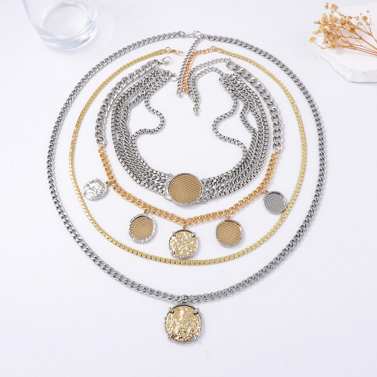Chic Personalized Luxury Multi-Layer Alloy Chain Necklace with Geometric Badge and Coin Pendant - Modern Statement Jewelry for Unique Style