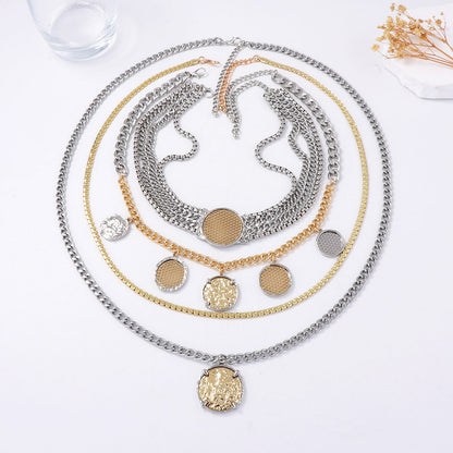 Chic Personalized Luxury Multi-Layer Alloy Chain Necklace with Geometric Badge and Coin Pendant - Modern Statement Jewelry for Unique Style