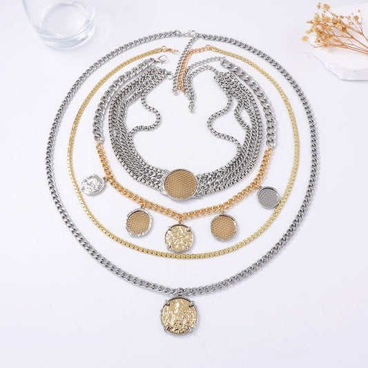 Chic Personalized Luxury Multi-Layer Alloy Chain Necklace with Geometric Badge and Coin Pendant - Modern Statement Jewelry for Unique Style