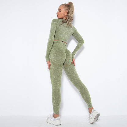 Seamless Water Washed Textured Yoga Set High Waisted Leggings and Long Sleeve Top for Comfort and Performance in Your Workouts