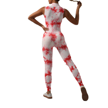 Tie Dye Sleeveless Yoga Jumpsuit for Women with Stand Up Collar and Zipper for Fitness Gym and Everyday Wear