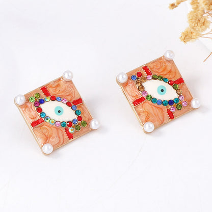 Minimalist Halloween Alloy Drip Oil Zircon Gemstone Devil Eye Geometric Square Stud Earrings - Unique Design for Spooky Style