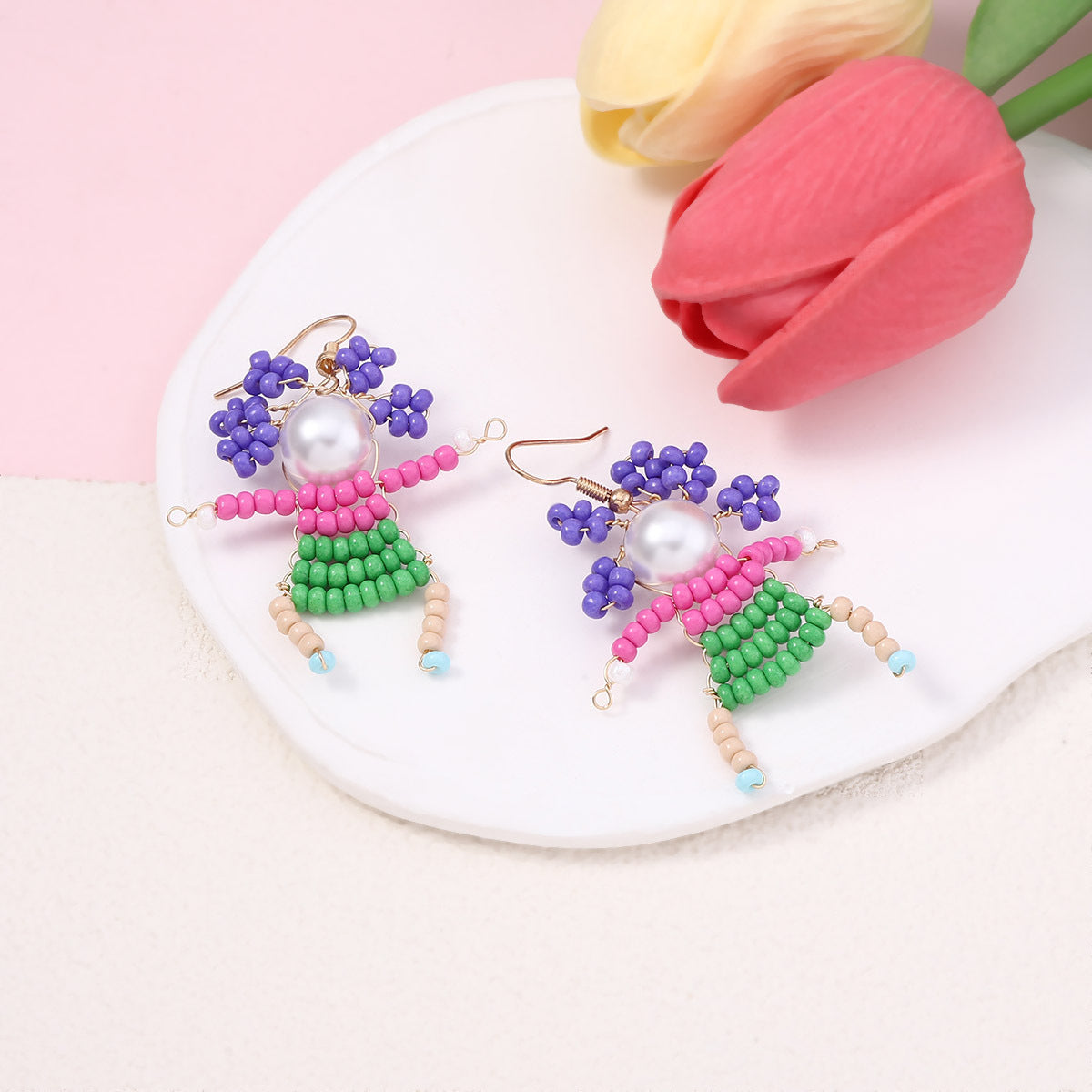 Unique Handcrafted Cartoon Character Beaded Hook Earrings - Quirky, Adorable Designs for a Playful Style