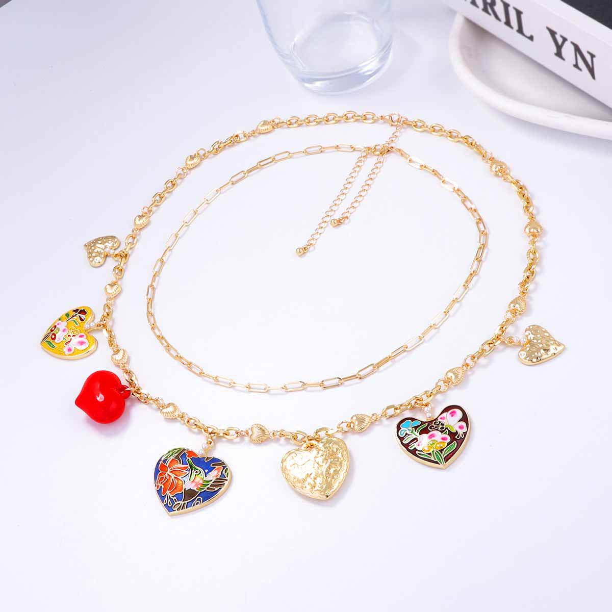 Bohemian Chic Double-Layer Alloy Heart Pendant Necklace - Unique Drip Oil Design for Stunning Layered Style