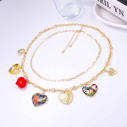 Bohemian Chic Double-Layer Alloy Heart Pendant Necklace - Unique Drip Oil Design for Stunning Layered Style