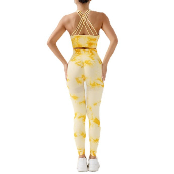 Seamless Tie Dye Yoga Outfit with High Waisted Butt Lifting Leggings and Sports Bra Set for Outdoor Running and Active Workouts