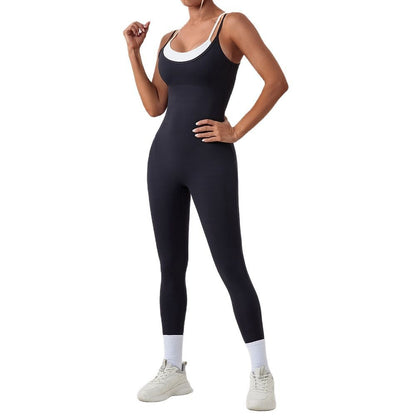 Two Piece Look Color Block Spaghetti Strap Sports Jumpsuit Yoga Bodysuit with Open Back for Outdoor Fitness and Active Wear