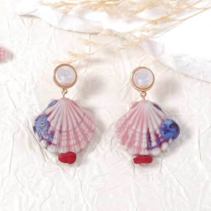 Ocean-Inspired Colorful Ceramic Shell Earrings with Faux Pearls - Trendy, Versatile, and Casual Jewelry for Women
