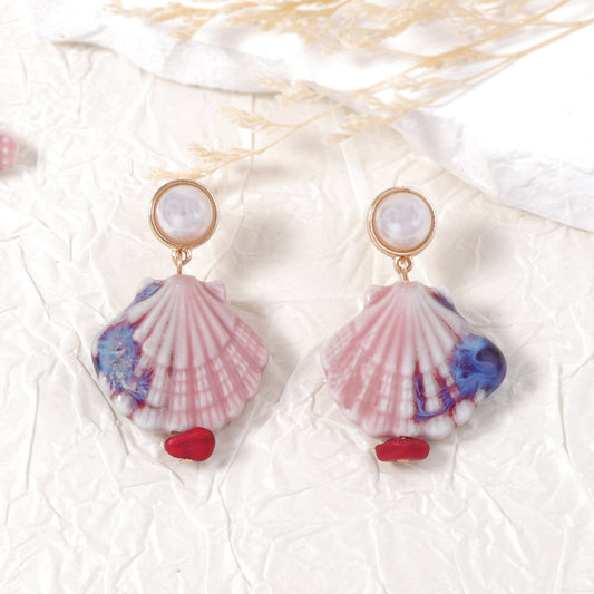 Ocean-Inspired Colorful Ceramic Shell Earrings with Faux Pearls - Trendy, Versatile, and Casual Jewelry for Women