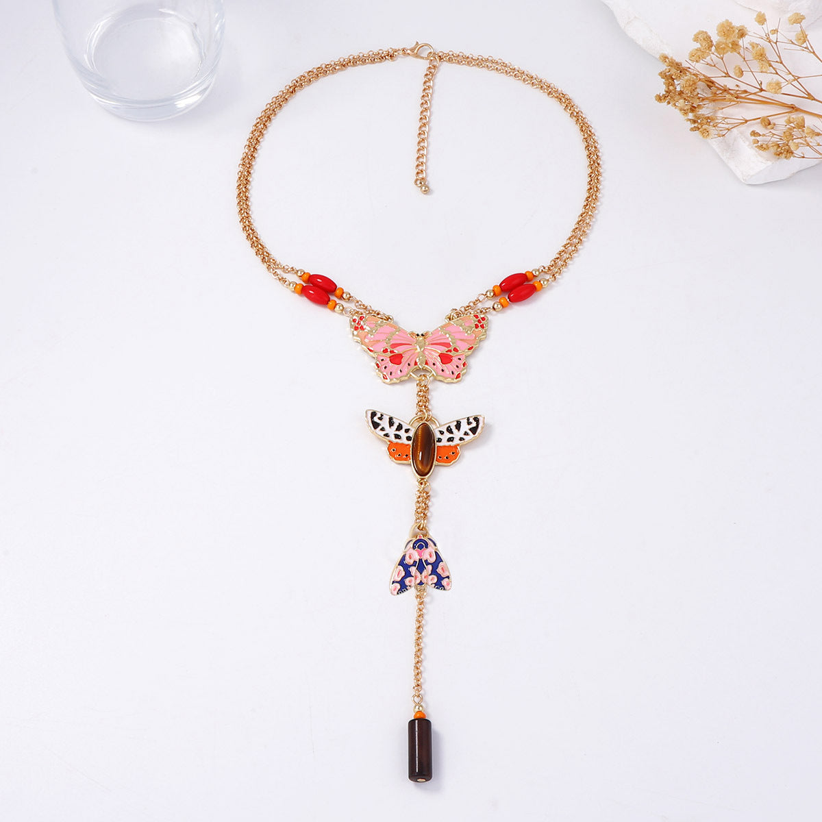 Bohemian Exaggerated Alloy Drip Oil Colorful Insect Butterfly Pendant Y-Shape Women's Chain Necklace – Unique Fashion Jewelry with Vibrant Colors and Artisan Design
