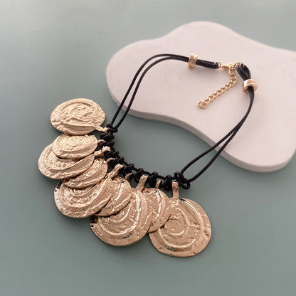 Chic Vintage-Style Layered Coin Necklace with Pleated Alloy and Leather Rope - Perfect for Casual Everyday Wear