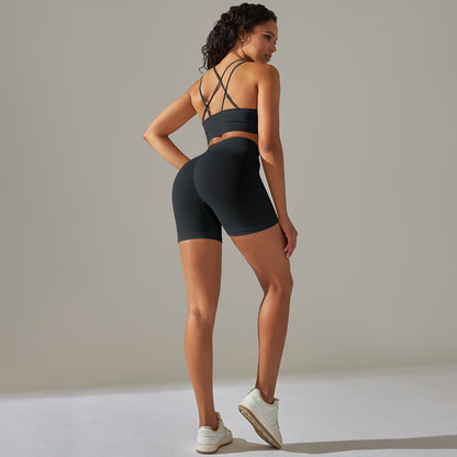 Seamless Back Bralette Yoga Shorts and Peach Butt Leggings Set for Running Fitness and Yoga