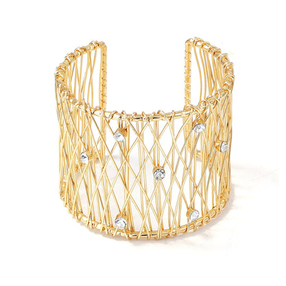 Exaggerated Chic Minimalist Metal Mesh Wide Band Open-Back Women's Bracelet with Micro-Set Zircon Stones - Perfect for Every Occasion!
