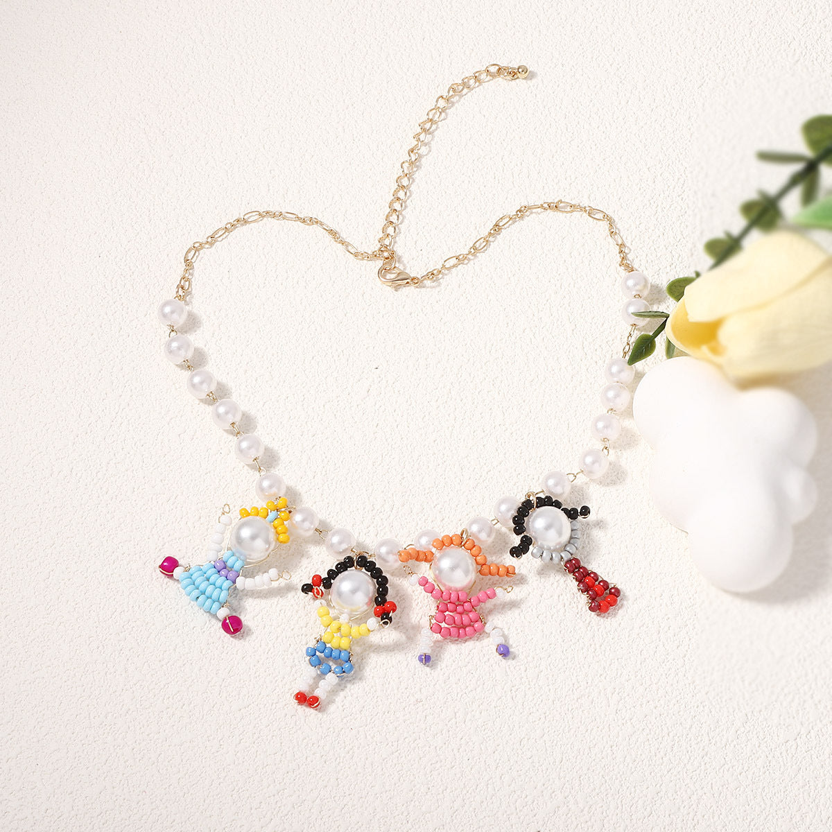 Stylish Summer Handmade Beaded Cartoon Character 3D Necklace and Bracelet Set - Unique, Fresh Design Inspired by Pearl Accents for Trendy Fashion Lovers