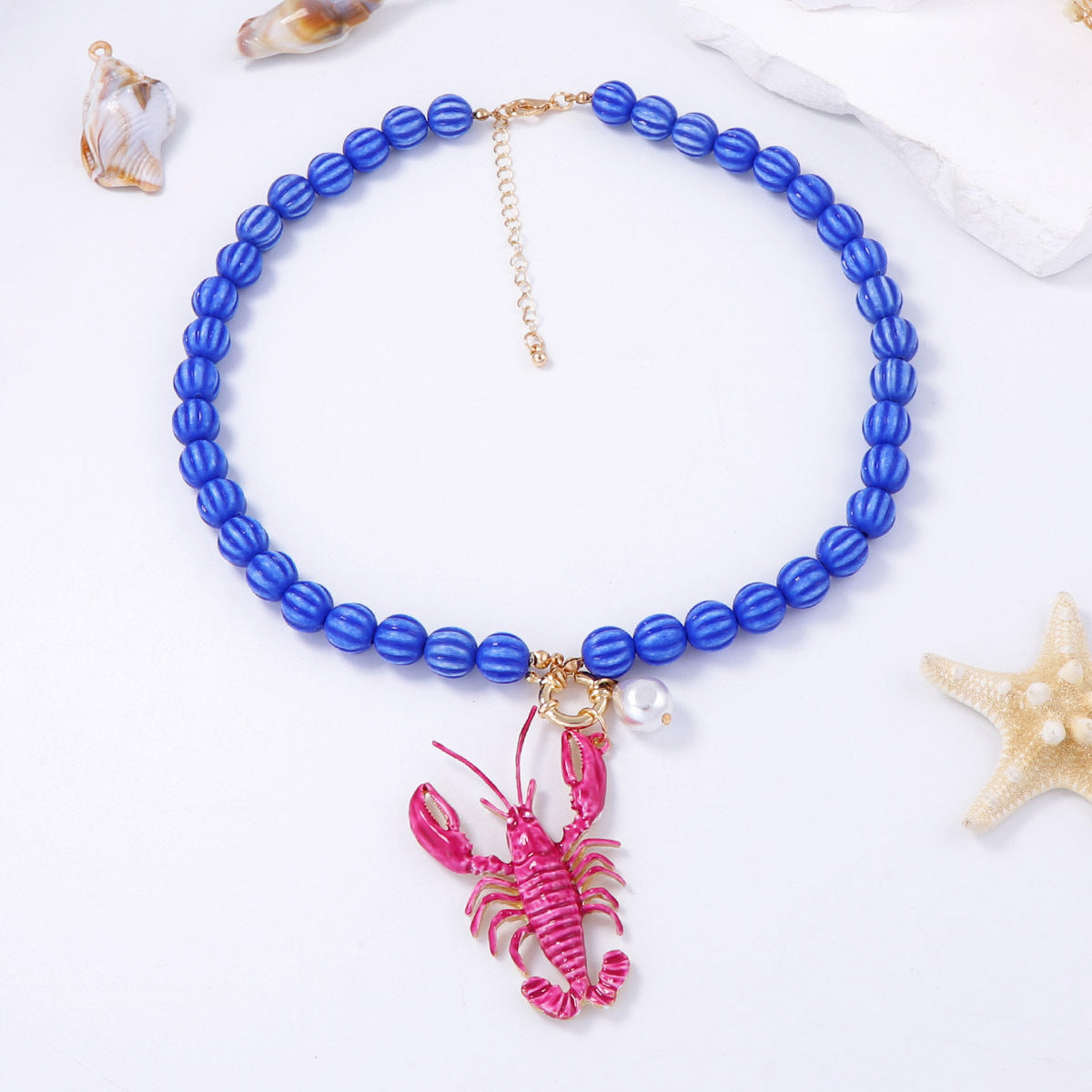Alloy Lobster Pendant Beaded Necklace – Perfect for Beach Vacations, Boho Style Jewelry for Women, Ocean-Inspired Accessories for Coastal Fun