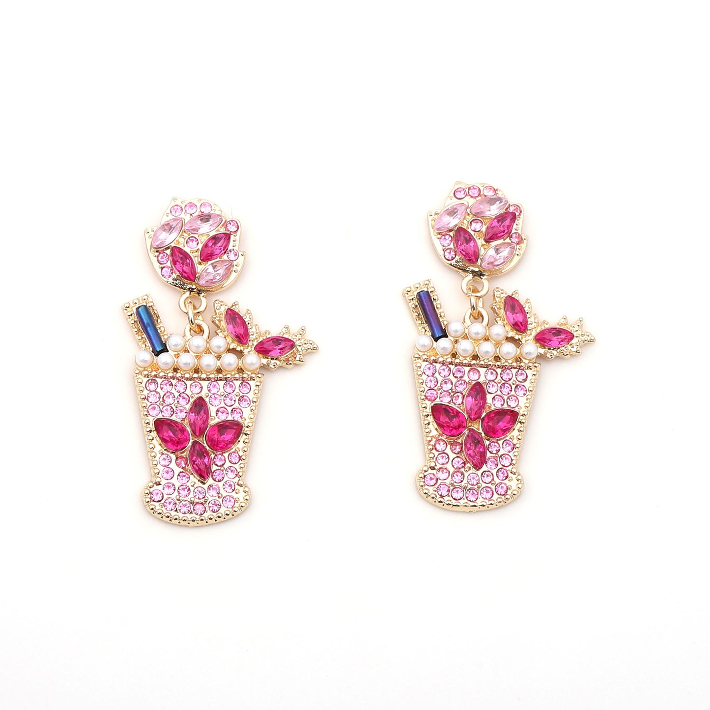 Chic Geometric Design Cold Drink Cocktail Cup Earrings – Alloy with Dazzling Diamonds and Elegant Pearls