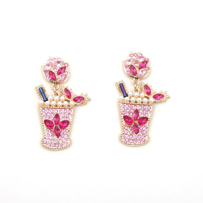 Chic Geometric Design Cold Drink Cocktail Cup Earrings – Alloy with Dazzling Diamonds and Elegant Pearls