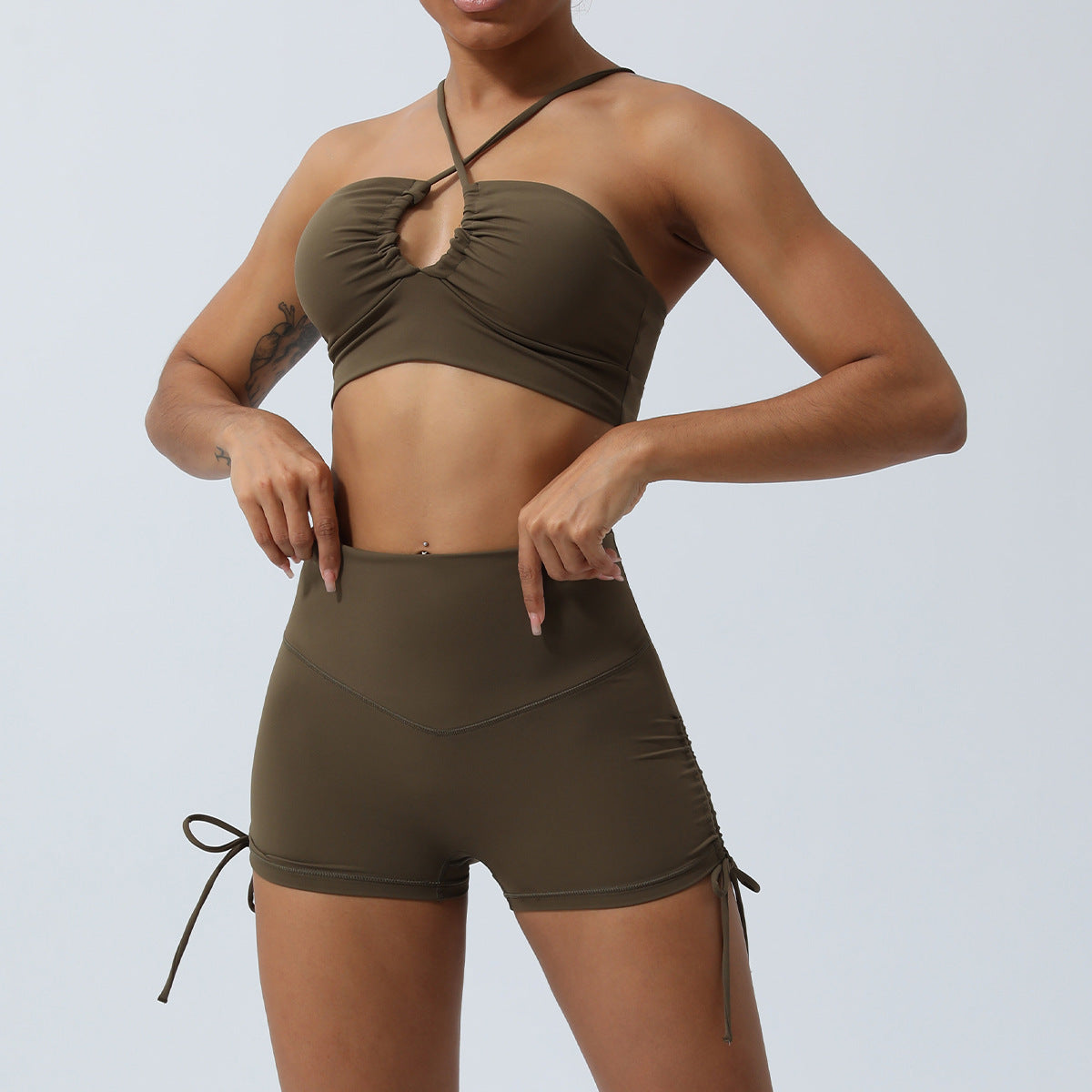 Women's Spring Summer Quick Dry Yoga Set Cut Out Strappy Back Activewear with Adjustable Drawstring and Butt Lift Shorts for and Performance