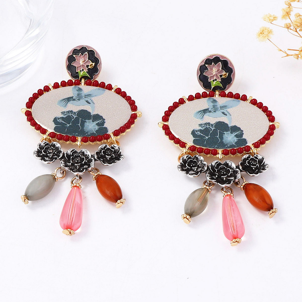 Exaggerated Ethnic Artistry: Chic Composite Gold Resin Bird and Floral Tassel Drop Earrings – Lightweight, Unique Design for Every Occasion