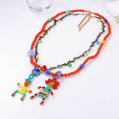 Charming Handcrafted Cartoon Beaded Doll Pendant Necklace – Cute Double-Layered Bracelet for Casual Women's Style