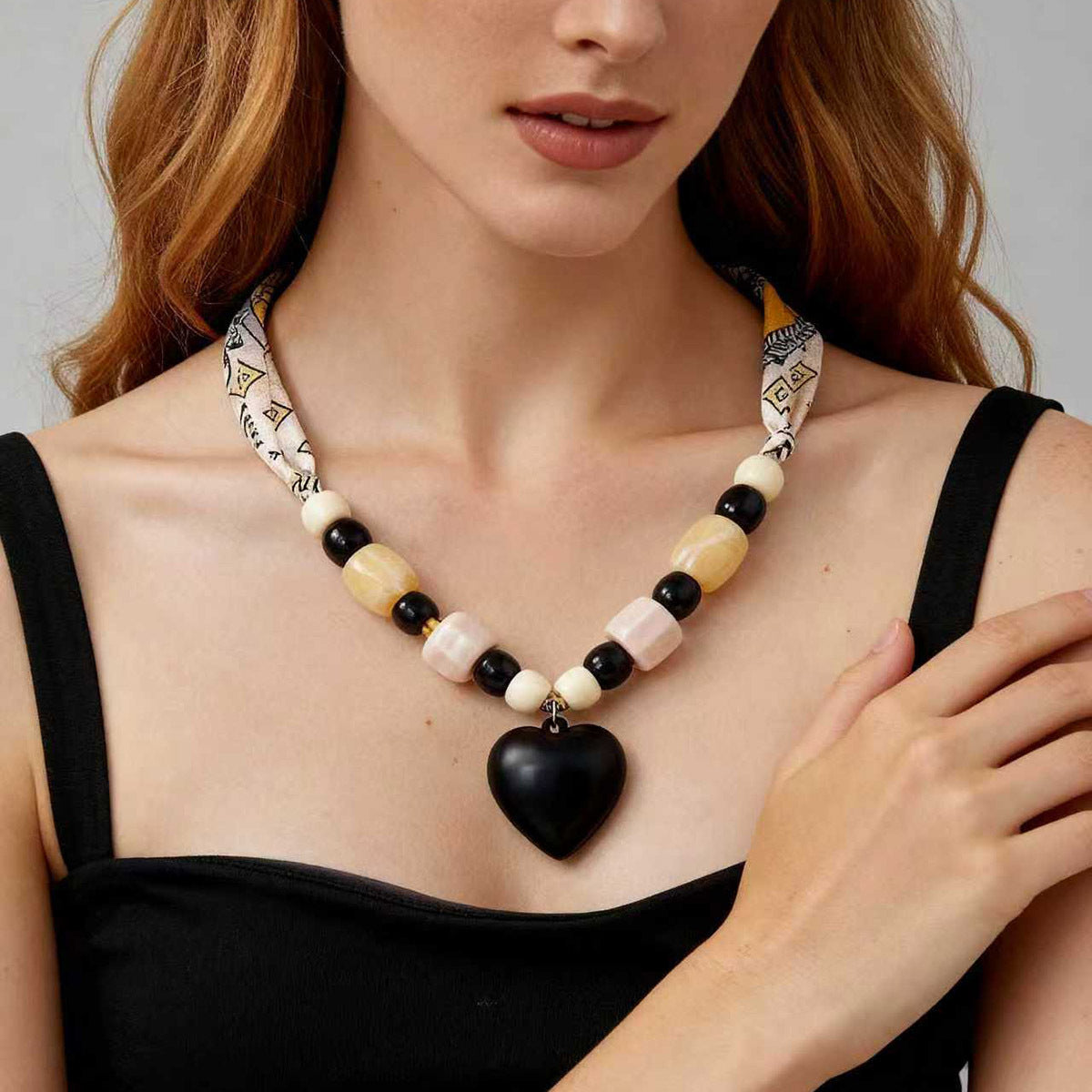 Chic Minimalist Silk Scarf-Inspired Beaded Heart Pendant Necklace for Effortless Everyday Style - Perfect for Women Who Love Versatile Jewelry