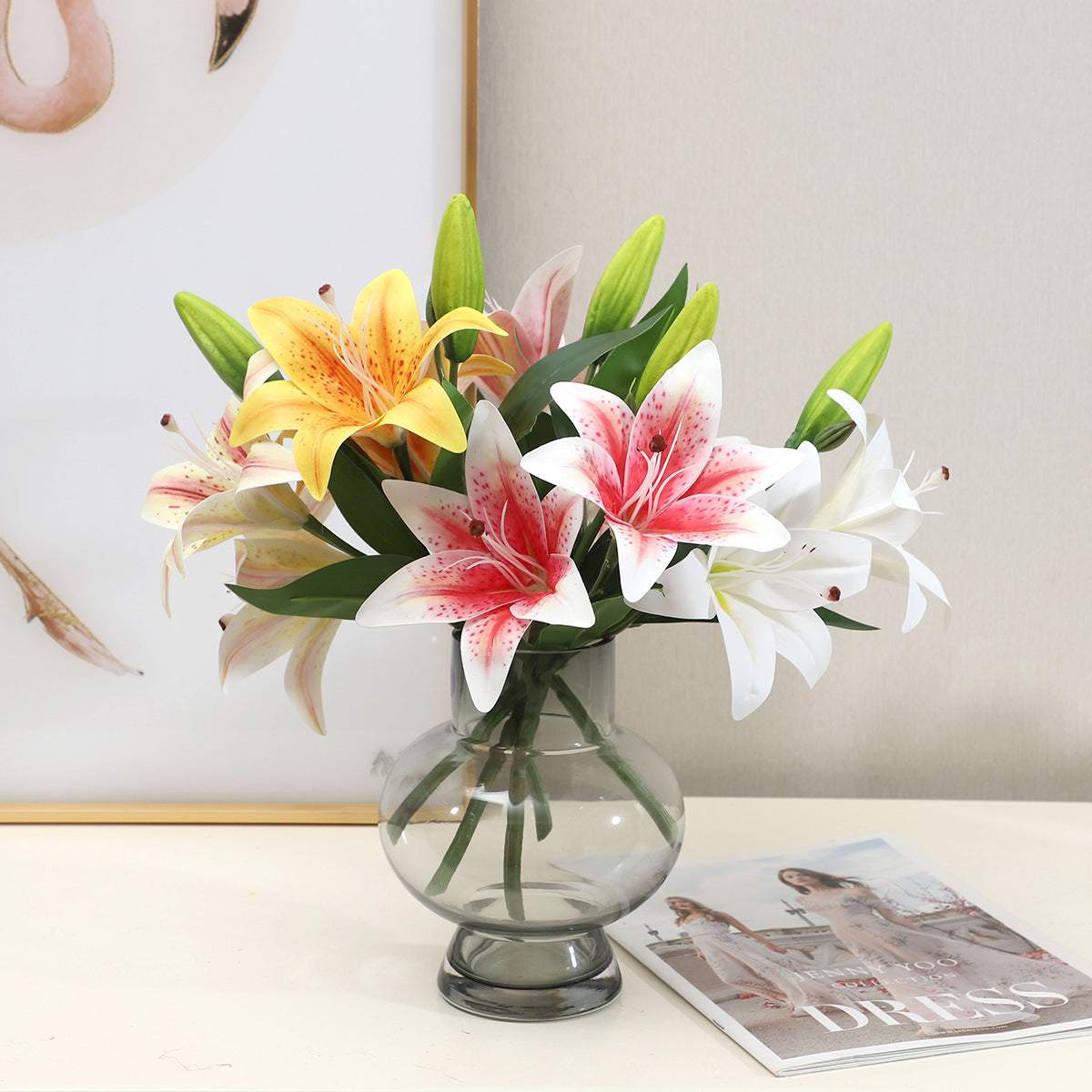 Stunning 2 Flower 1 Bud Artificial Lily Bouquet - Perfect for Wedding Decorations & Home Living Room Styling - Realistic Faux Floral Props for Photography