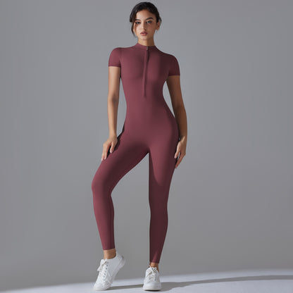 Open Collar Zippered Short Sleeve Bodysuit for Women for Dance Fitness and Yoga Form Fitting Activewear for Comfort and Performance