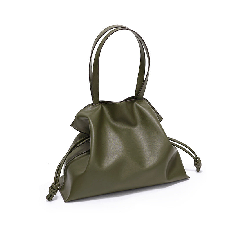 Minimalist Korean Inspired Genuine Leather Women's Bag Unique Wrinkled Design Tote with Drawstring Closure for Everyday Use