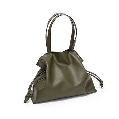 Minimalist Korean Inspired Genuine Leather Women's Bag Unique Wrinkled Design Tote with Drawstring Closure for Everyday Use