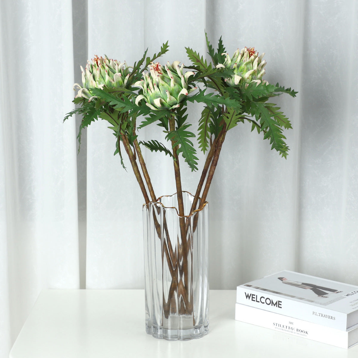 Realistic Thistle Flower Arrangement - Stunning Faux Floral Home Décor for Living Room - Elegant Artificial King Protea Plant Perfect for Year-Round Beauty