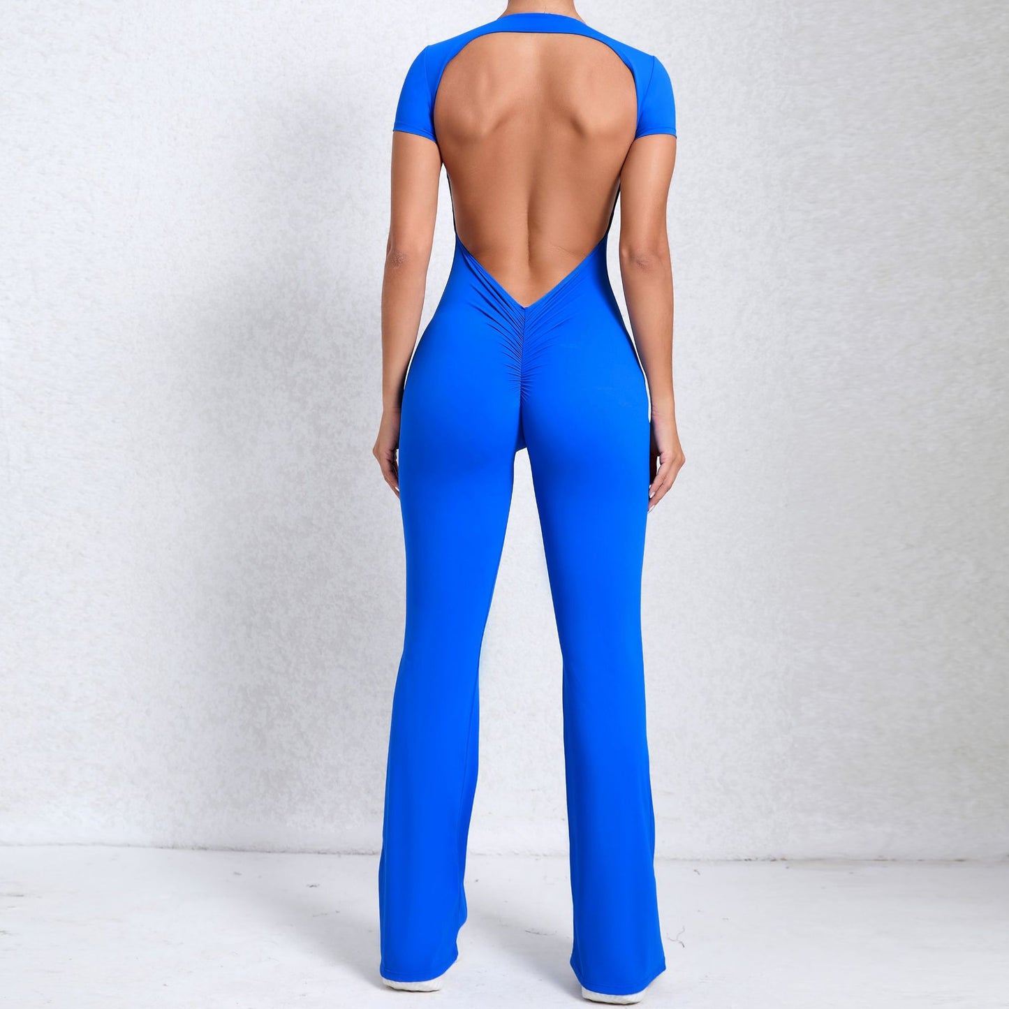 Open Back Short Sleeve Yoga Bodysuit for Fitness Gym and Everyday Wear Flattering Flared Leg Design Model 60450