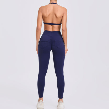 Fitness Enhanced Gym Set Sports Bra and High Waisted Yoga Pants with Butt Lifting Pockets and Elegant Waist Ruching for Comfort and Performance