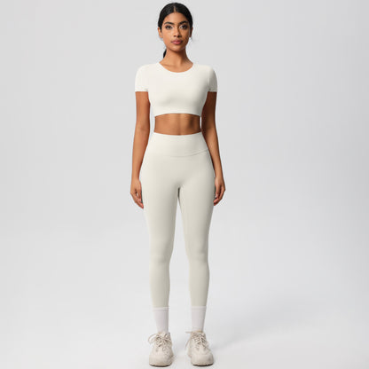 Soft Brushed Fabric Yoga Set with Built in Bra Short Sleeve Top High Waisted Butt Lifting Leggings for Running and Fitness