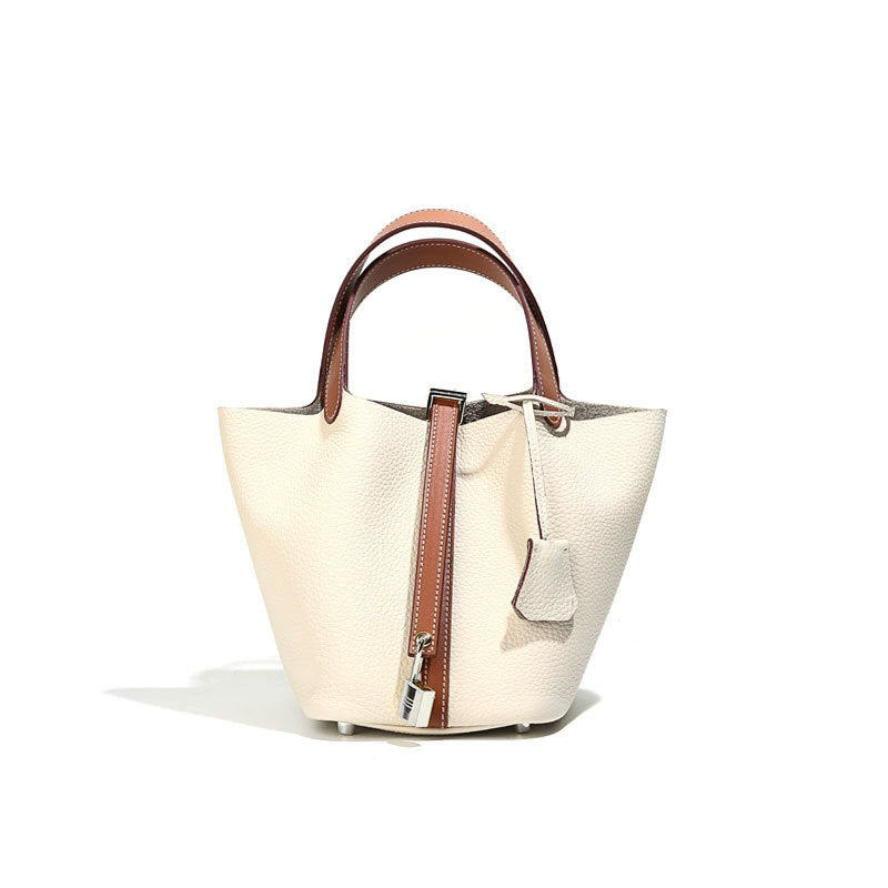 Genuine Leather Classic Fashion Tote Bag and Versatile Bucket Bag with Leather Lock Closure for Handheld or Shoulder Carry