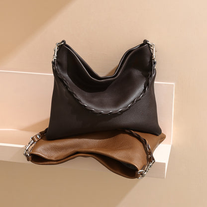 Grain Leather Minimalist Tote Bag Spacious Luxury Handbag for Women with Unique Woven Shoulder Strap for Commuting and Everyday Use